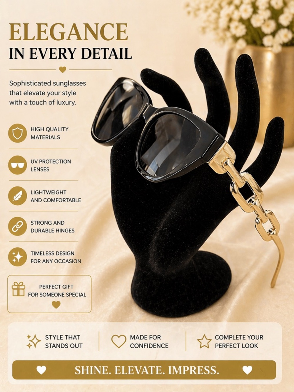 Women’s Black Sunglasses with Gold Chain Accent